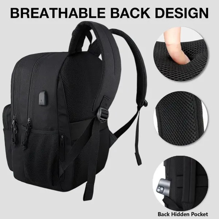 Rucsac laptop din poliester rezistent la apa, port USB pentru incarcare, design anti-furt, buzunar ascuns si banda pentru troller, pentru laptop 15,6 inci, negru