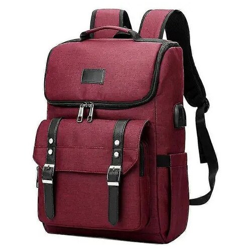 Rucsac laptop vintage rosu cu port USB si multiple compartimente 45x30x15cm