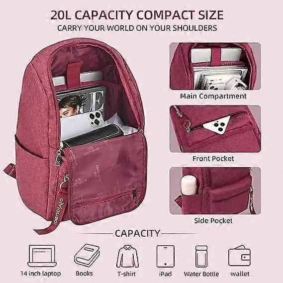 Rucsac laptop din poliester, usor, rezistent la apa, compartiment captusit pentru laptop pana la 14 inch, 20 L, bretele ergonomice, visiniu