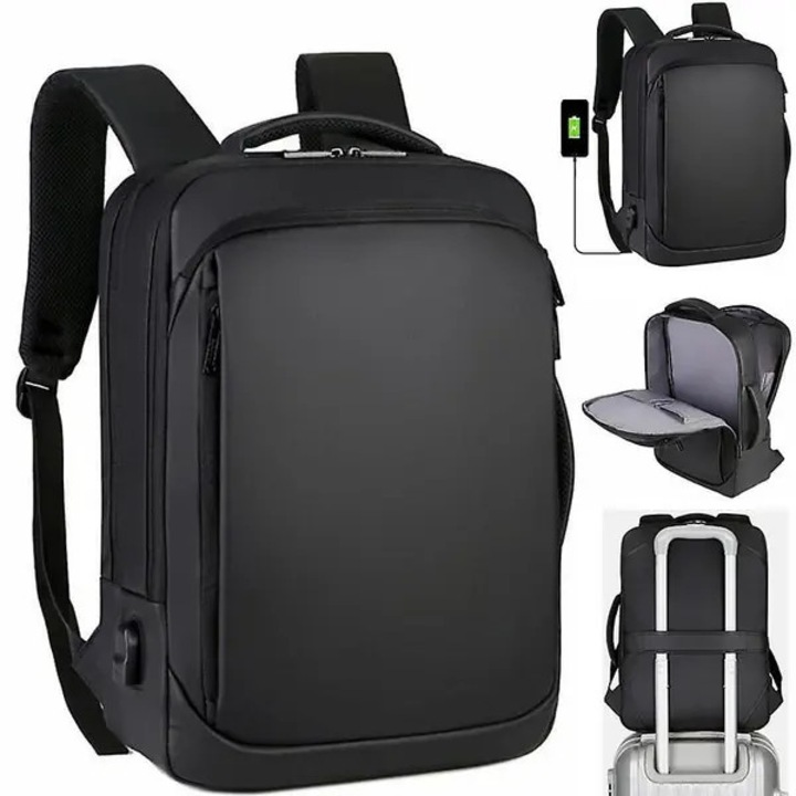 Rucsac laptop cu port USB, anti-furt, rezistent la apa, compartiment pentru laptop 15.6 inch, cu bretea pentru troler, model IZO-CJ-K0502-2026-0721-5354, negru