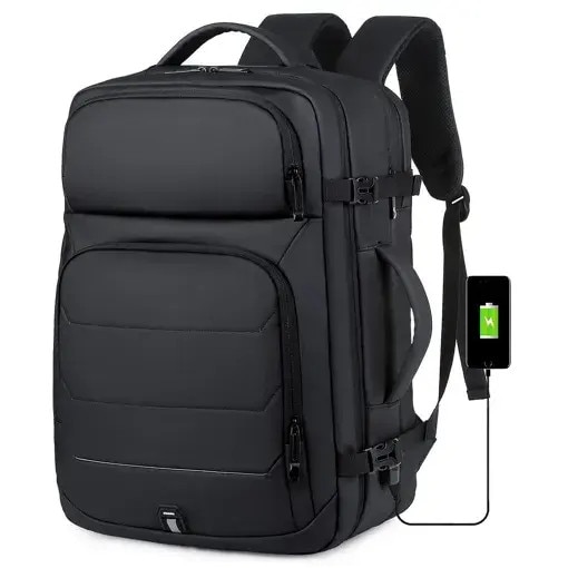 Rucsac de calatorie din nylon, compartiment pentru laptop 17.3", port USB integrat, extensibil pana la 25 cm, rezistent la apa, negru, 45 x 36 x 20 cm