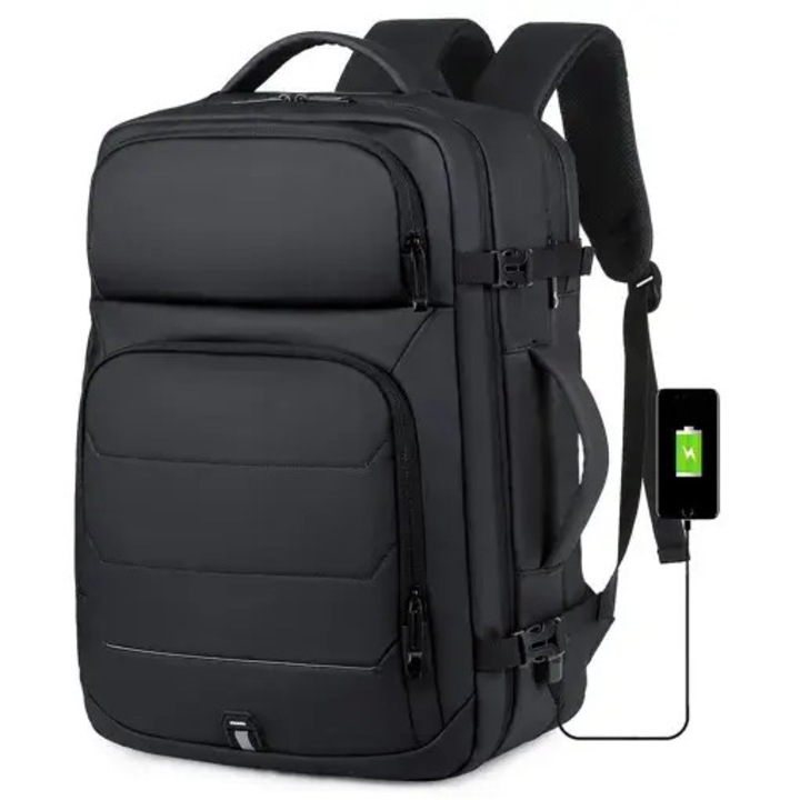 Rucsac de calatorie din nylon, compartiment pentru laptop 17.3", port USB integrat, extensibil pana la 25 cm, rezistent la apa, negru, 45 x 36 x 20 cm
