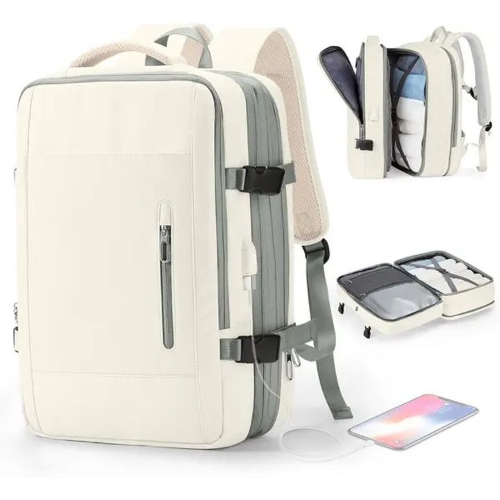 Rucsac de calatorie extensibil, port USB, bej verde, 45x30x15cm