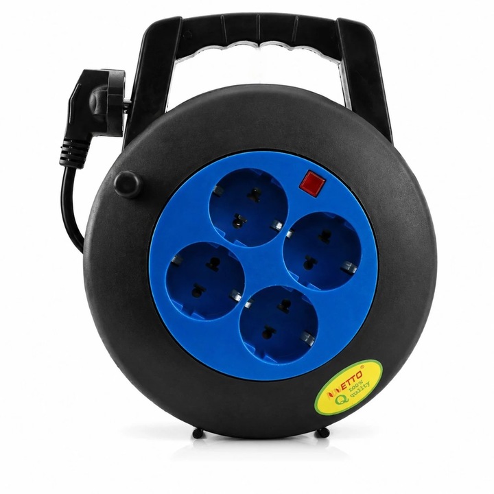 Tambur Prelungitor Electric 15m, cu 4 Prize cu Impamantare, 800W / 250W, Cablu Rezistent, Maner Ergonomic pentru Transport