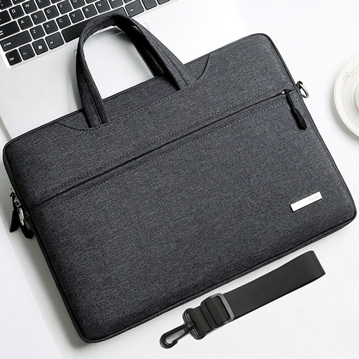 Geanta laptop 16.1 inch, curea umar, capacitate mare, gri inchis