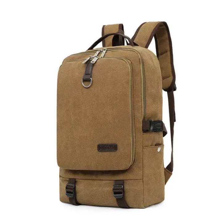 Rucsac canvas cu piele, capacitate mare, khaki, 45x31x12cm
