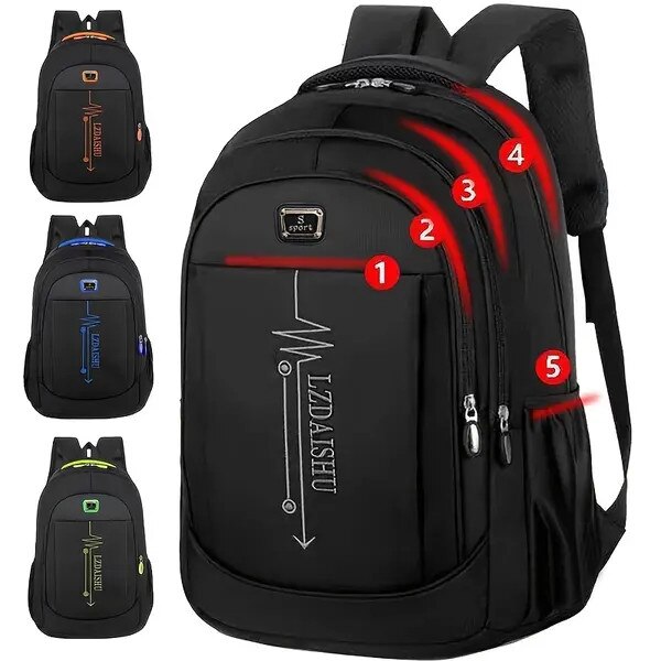 Rucsac din nylon unisex, capacitate mare cu compartiment pentru laptop, usor, pentru scoala si calatorii, negru
