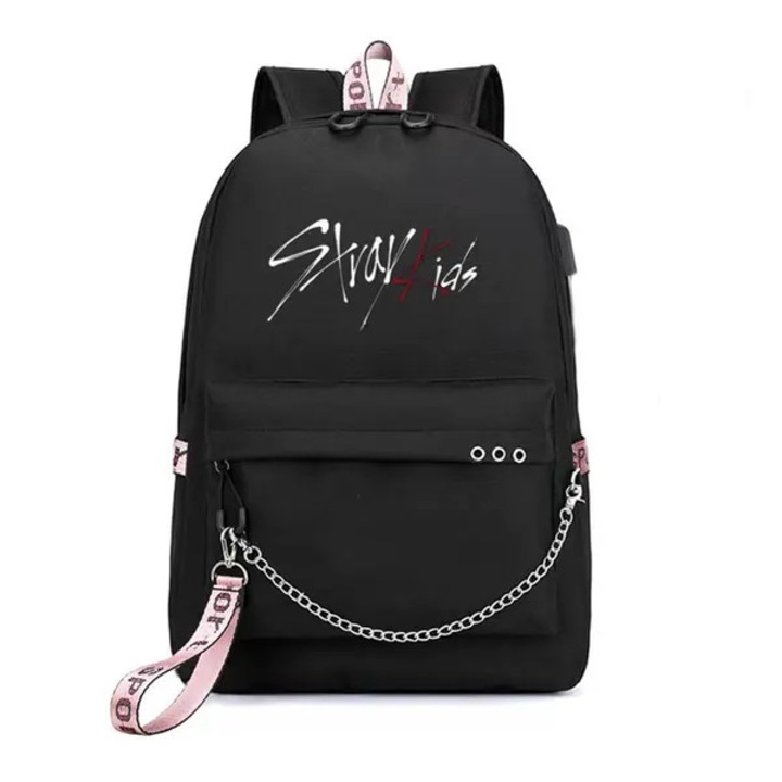Rucsac laptop din Oxford, cu port USB, lant decorativ si curea roz, negru, 20L (32 x 45 x 15 cm)