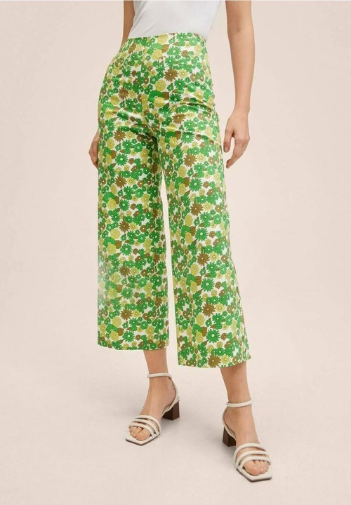 Pantaloni dama Mango verzi cu imprimeu floral, talie inalta, croiala evazata 7/8, Verde, 2XS