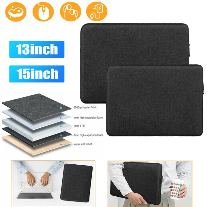 Husa laptop 13/15 inch, neagra, subtire, usoara, impermeabila, protectie multi-strat
