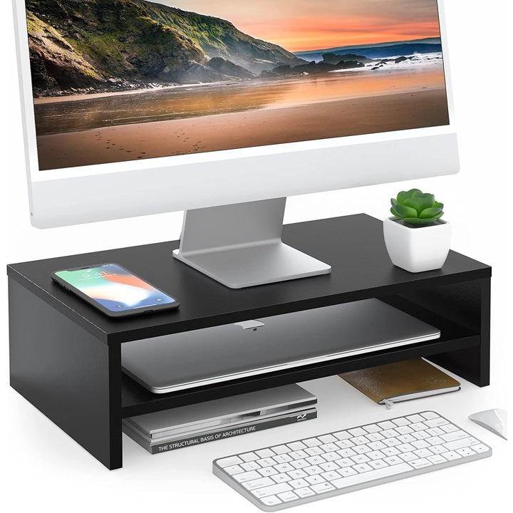 FITUEYES Fa Monitorállvány, Kicsi, Fekete, 42.5x23.5x14cm