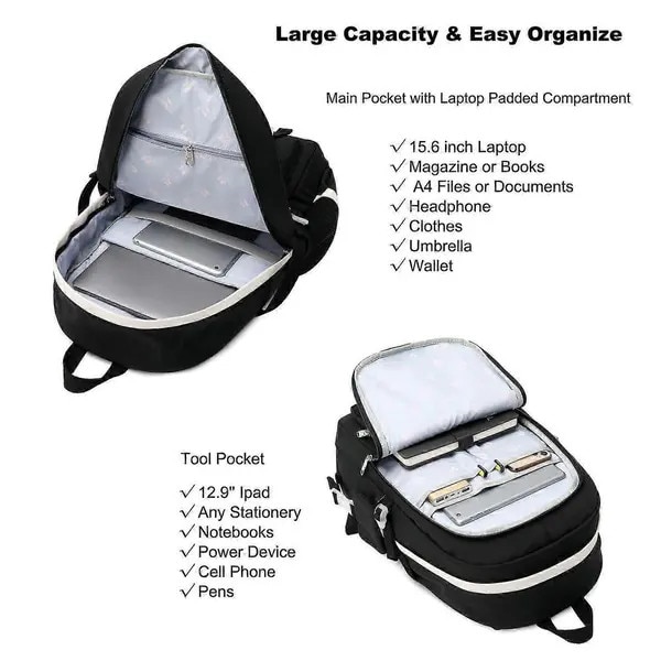 Rucsac laptop 15.6 inch, rezistent la apa, negru, 31x18x47cm, capacitate mare