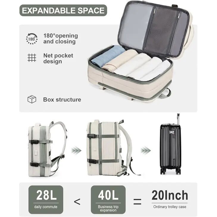Rucsac de calatorie extensibil, port USB, bej verde, 45x30x15cm