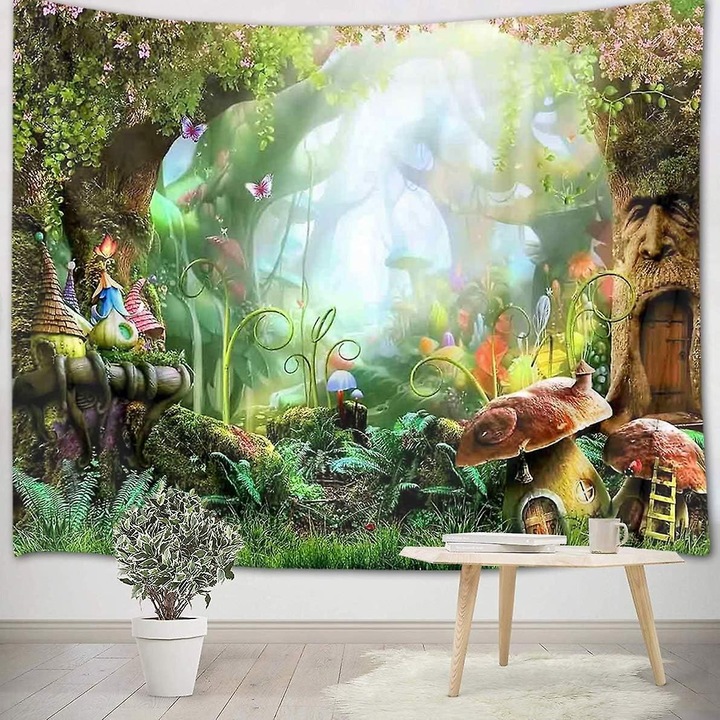 Tündérerdő faliszőnyeg, 150x100cm, többszínű, poliészter, gyerekszoba dekoráció