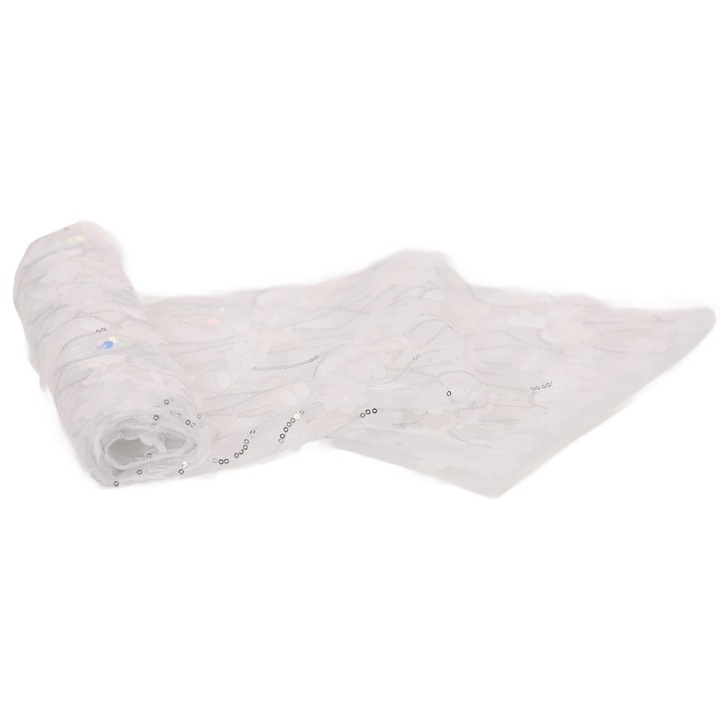 Material textil Tul cu paiete, model 13, Culoare Alb, 100% poliester, Dimensiuni 50cm x 130/135cm