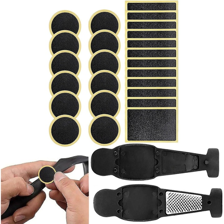 Set reparare anvelope bicicleta, material cauciuc impermeabil, metal, cutie depozitare, universal
