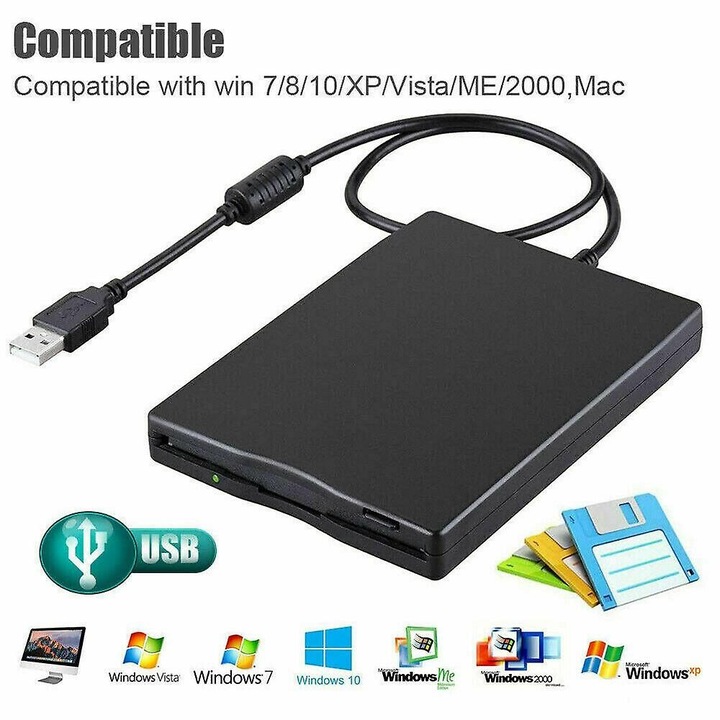 Hordozható 3.5 hüvelykes USB floppy meghajtó, 16.6x103x153mm, fekete
