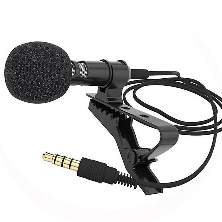 Microfon lavalier omnidirectional cu clip, cablu lung, negru