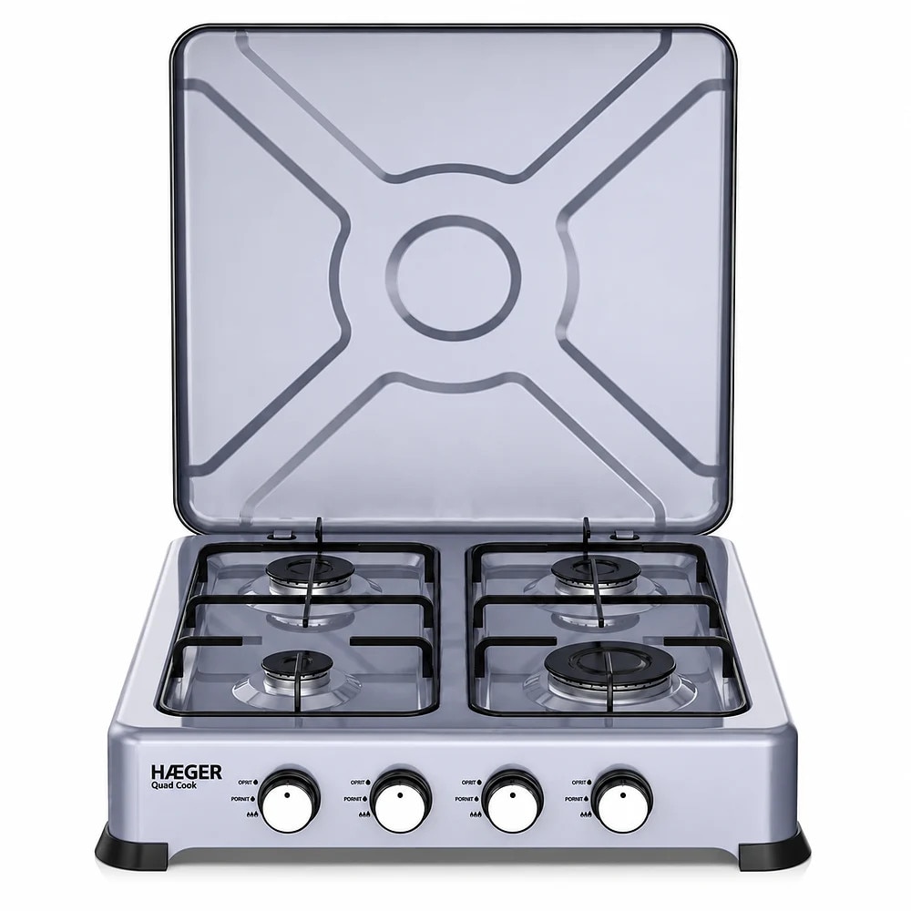 Aragaz portabil cu 4 arzatoare HAEGER QUAD COOK, Dimensiuni 500x500x115mm, Anticoroziv, Aluminiu, Suprafata usor de curatat, Manere decorative inox, Argintiu
