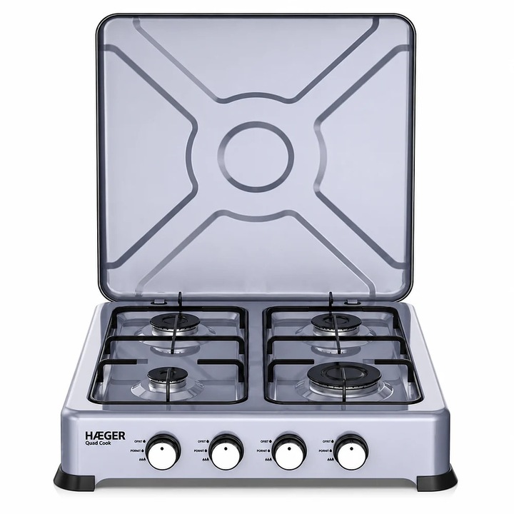 Aragaz portabil cu 4 arzatoare HAEGER QUAD COOK, Dimensiuni 500x500x115mm, Anticoroziv, Aluminiu, Suprafata usor de curatat, Manere decorative inox, Argintiu