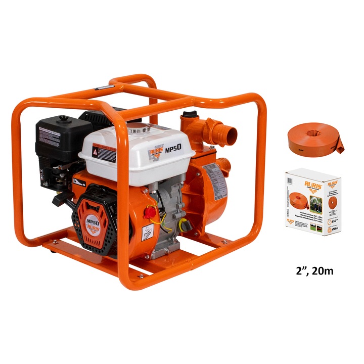 Мотопомпа за чиста вода Ruris MP50, 7 к. с., 212 CC, Максимален дебит 25 м3/ч, Диаметър връзка на заустване 2", Височина на заустване 25 м, Дълбочина на засмукване 8 м, 3.6 л, Бензин