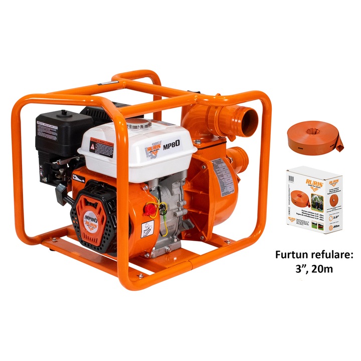 Motopompa apa curata Ruris MP80, 7 CP, 212 CC, 48 m³/h debit apa, 3" diametru racord, 250 m refulare pe orizontala, 8 m adancime absorbtie, 3.6 l, benzina