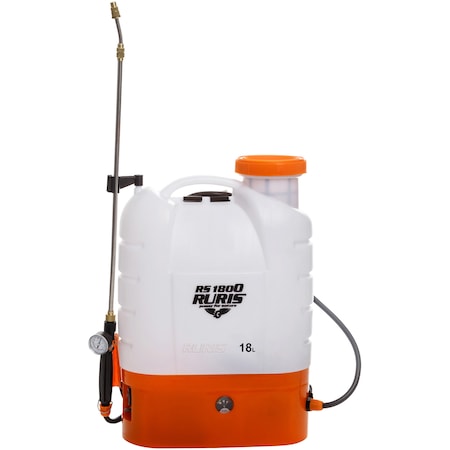 Pompa electrica de stropit cu presiune pe acumulator Ruris RS 1800, acumulator 12V 8Ah, rezervor tip rucsac 18 L, lance metalica telescopica, autonomie 4 h, presiune maxim 0.4 Mpa,manometru, include: acumulator + incarcator