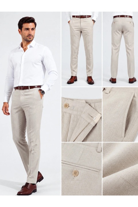 Pantaloni Slim Fit de Birou si Evenimente, Rezistenti la Sifonare, Usor Elastici, Material Respirabil, Crem
