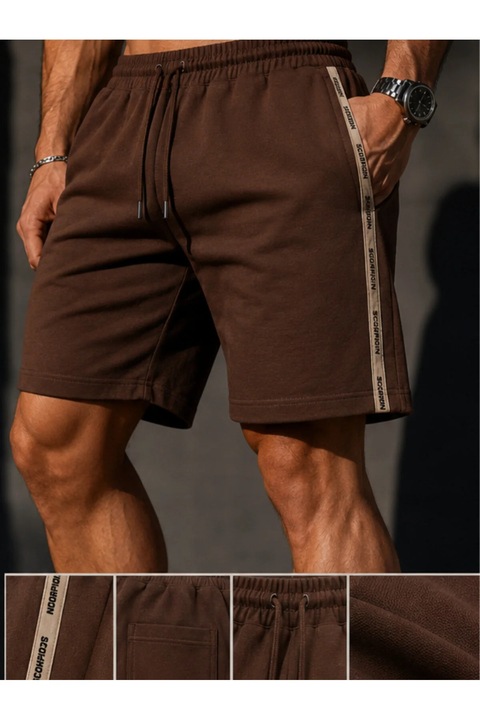 Pantaloni Scurti Barbati Casual Albastru, Bumbac Pique Texturat Premium Respirabil, Talie Elastica cu Snur, Doua Buzunare Laterale, Buzunar Spate, Banda Laterala, Confortabili si Moderni, Maro