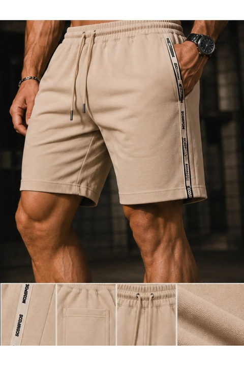 Pantaloni Scurti Barbati Casual Albastru, Bumbac Pique Texturat Premium Respirabil, Talie Elastica cu Snur, Doua Buzunare Laterale, Buzunar Spate, Banda Laterala, Confortabili si Moderni, Bej