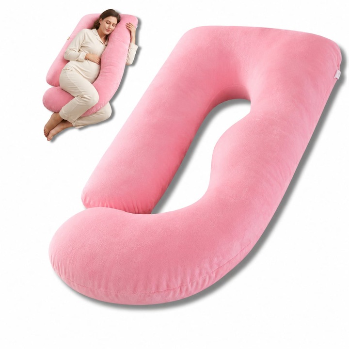 Perna gravide Infiniteea™ 3 in 1, Multifunctionala, Alaptare, Sustinere Bebelusi, Suport Burta, Spate, Gat, Picioare, Forma de L, Husa detasabila, 175 cm, Catifea, Roz