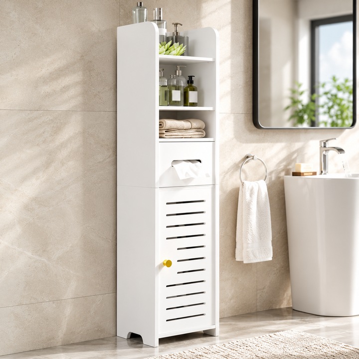 Dulap Organizator Baie Ingust Infiniteea™, 4 niveluri, Suport Hartie Igienica, WPC Rezistent la Apa, Mobilier Depozitare, 15x17x80cm, Alb
