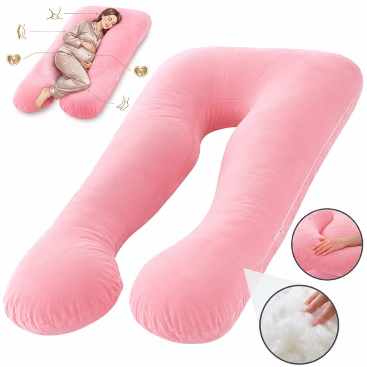 Perna gravide Infiniteea™ 3 in 1, Multifunctionala, Alaptare, Sustinere Bebelusi, Suport Burta, Spate, Gat, Picioare, Forma de U, Husa detasabila, 110 cm, Catifea, Roz