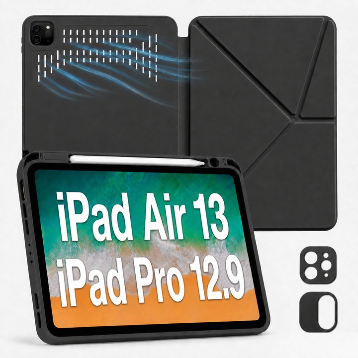 Husa Smart Cover pentru iPad Air 13" (M3 2025/M2 2024), iPad Pro 12.9" (Gen 3-6, 2018-2022), cu Spate Ventilat, 2 Rame Interschimbabile pentru Camera, Stand Pliabil tip Y (Origami), Slot Pen pe Dreapta, Auto Sleep/Wake, Negru