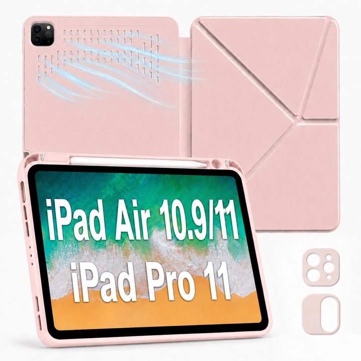 Husa Smart Cover pentru iPad Air 11" (M3 2025/M2 2024), Air 10.9" (Gen 4/5), Pro 11" (Gen 1-4, 2018-2022), cu Spate Ventilat, 2 Rame Interschimbabile pentru Camera, Stand Pliabil tip Y (Origami), Slot Pen pe Dreapta, Auto Sleep/Wake, Roz