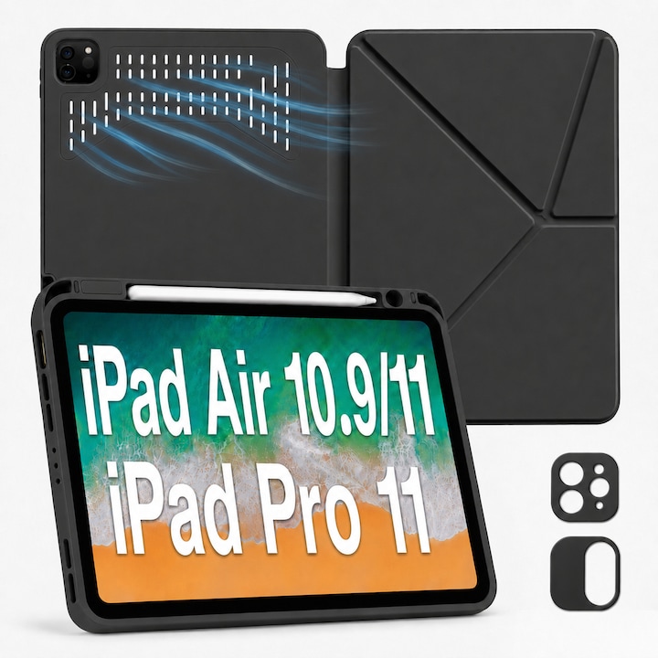 Husa Smart Cover pentru iPad Air 11" (M3 2025/M2 2024), Air 10.9" (Gen 4/5), Pro 11" (Gen 1-4, 2018-2022), cu Spate Ventilat, 2 Rame Interschimbabile pentru Camera, Stand Pliabil tip Y (Origami), Slot Pen pe Dreapta, Auto Sleep/Wake, Negru