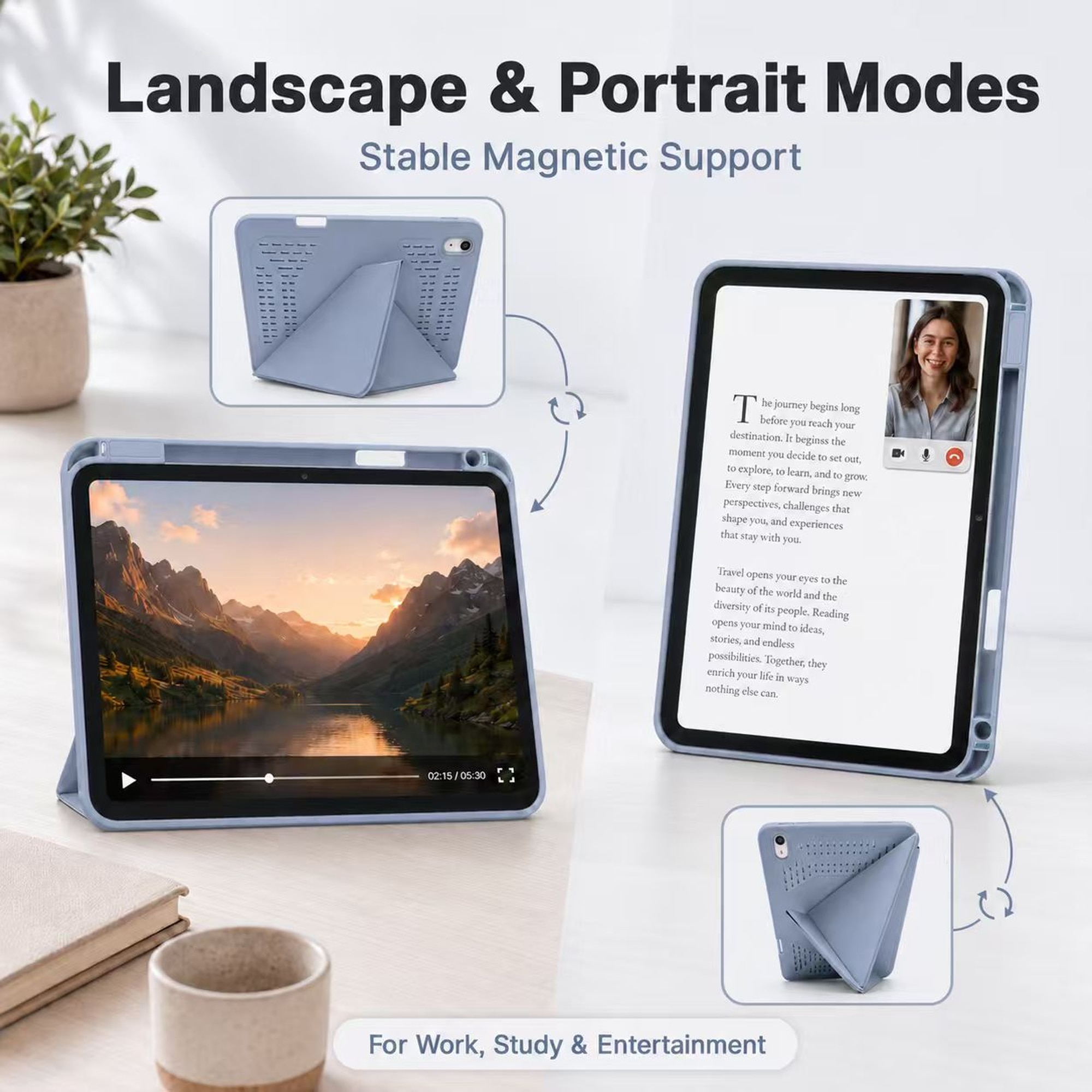 Husa Smart Cover pentru iPad 10 10.9" 2022 / iPad 11" (A16) 2025, cu Spate Ventilat pentru Disiparea Caldurii, Stand Pliabil tip Y (Origami) Orizontal/Vertical, Slot Pen pe Dreapta, Auto Sleep/Wake, Mov