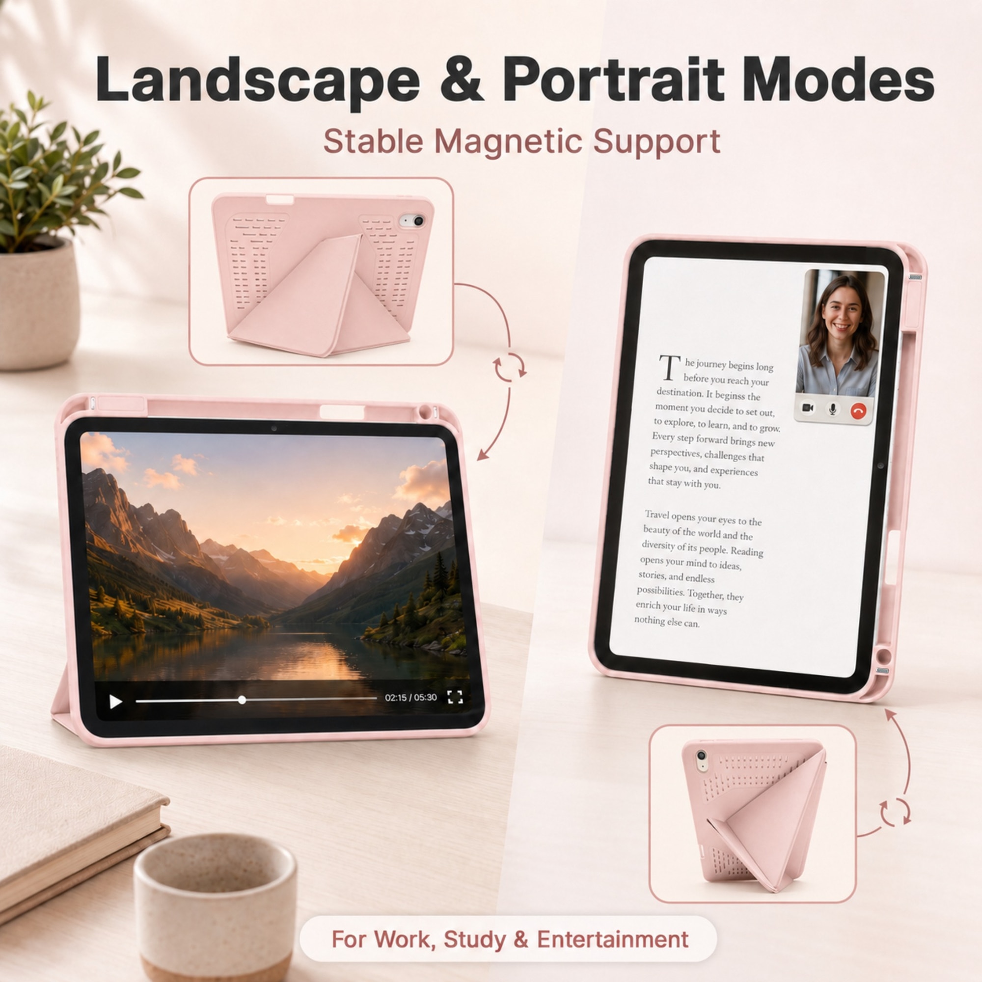Husa Smart Cover pentru iPad 10 10.9" 2022 / iPad 11" (A16) 2025, cu Spate Ventilat pentru Disiparea Caldurii, Stand Pliabil tip Y (Origami) Orizontal/Vertical, Slot Pen pe Dreapta, Auto Sleep/Wake, Roz