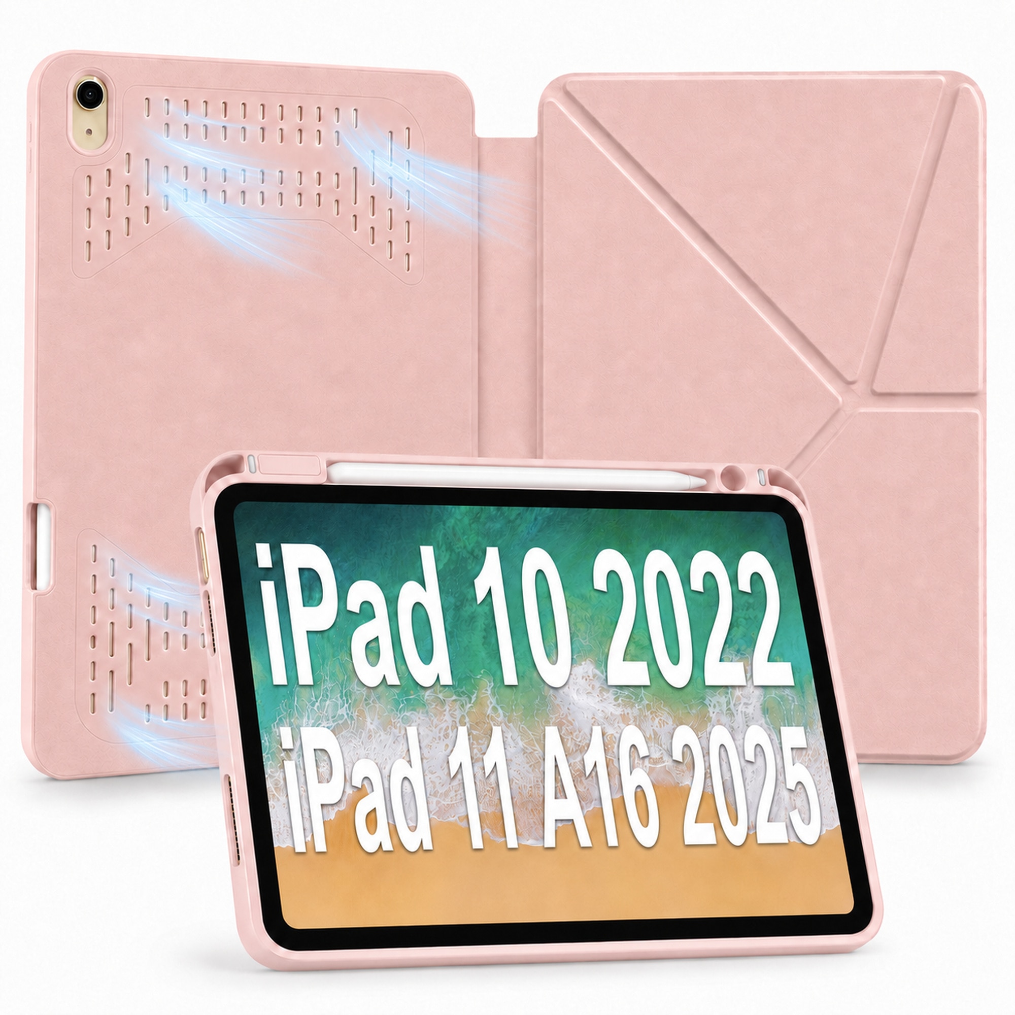 Husa Smart Cover pentru iPad 10 10.9" 2022 / iPad 11" (A16) 2025, cu Spate Ventilat pentru Disiparea Caldurii, Stand Pliabil tip Y (Origami) Orizontal/Vertical, Slot Pen pe Dreapta, Auto Sleep/Wake, Roz