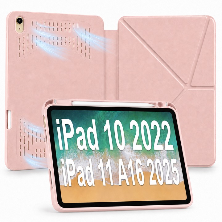 Husa Smart Cover pentru iPad 10 10.9" 2022 / iPad 11" (A16) 2025, cu Spate Ventilat pentru Disiparea Caldurii, Stand Pliabil tip Y (Origami) Orizontal/Vertical, Slot Pen pe Dreapta, Auto Sleep/Wake, Roz