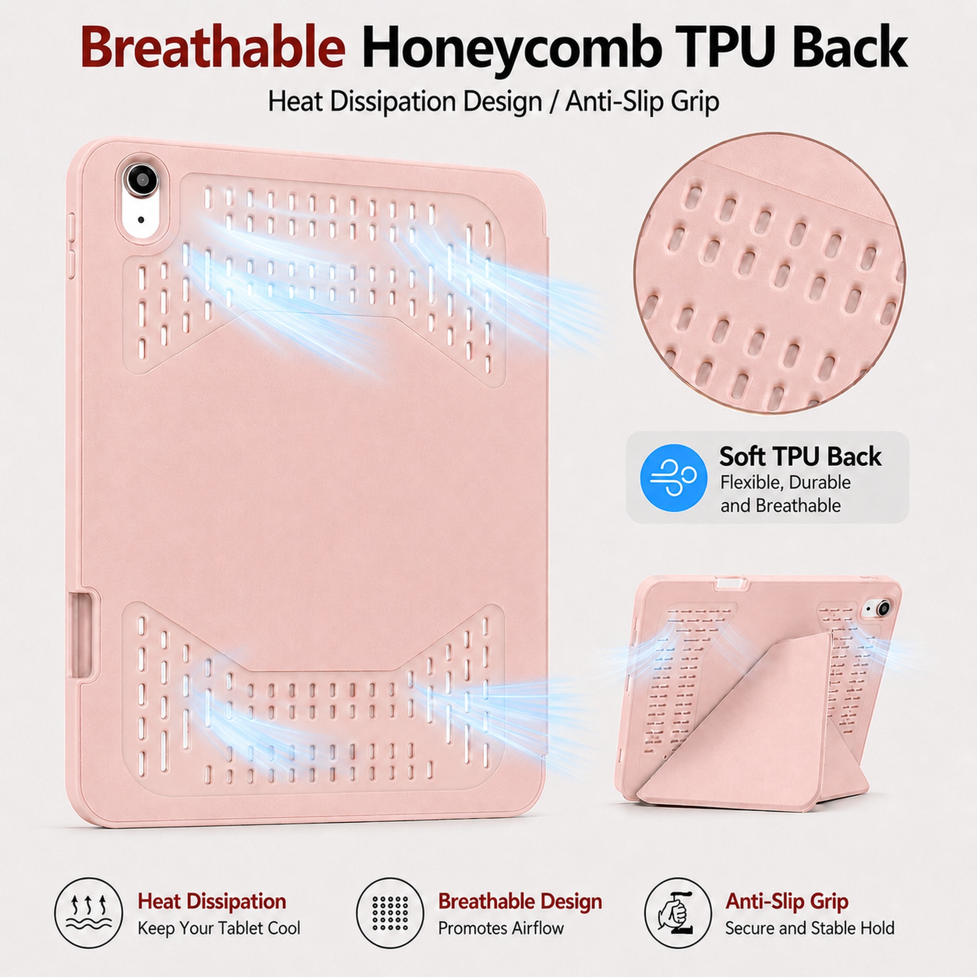 Husa Smart Cover pentru iPad 10 10.9" 2022 / iPad 11" (A16) 2025, cu Spate Ventilat pentru Disiparea Caldurii, Stand Pliabil tip Y (Origami) Orizontal/Vertical, Slot Pen pe Dreapta, Auto Sleep/Wake, Roz
