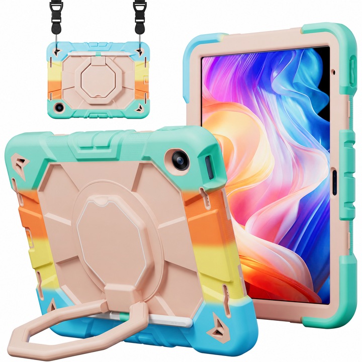 Husa protectie copii pentru Samsung Galaxy Tab A11 8.7" 2025 / A9 8.7" 2023, anti-soc, silicon + PC, suport rotativ 360°, curea umar, suport stylus, Multicolor