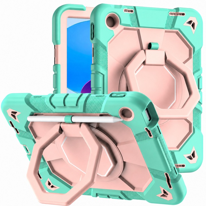 Husa protectie copii pentru Samsung Galaxy Tab A11 8.7" 2025 / A9 8.7" 2023, anti-soc, silicon + PC, suport rotativ 360°, curea umar, suport stylus, Verde menta/Roz