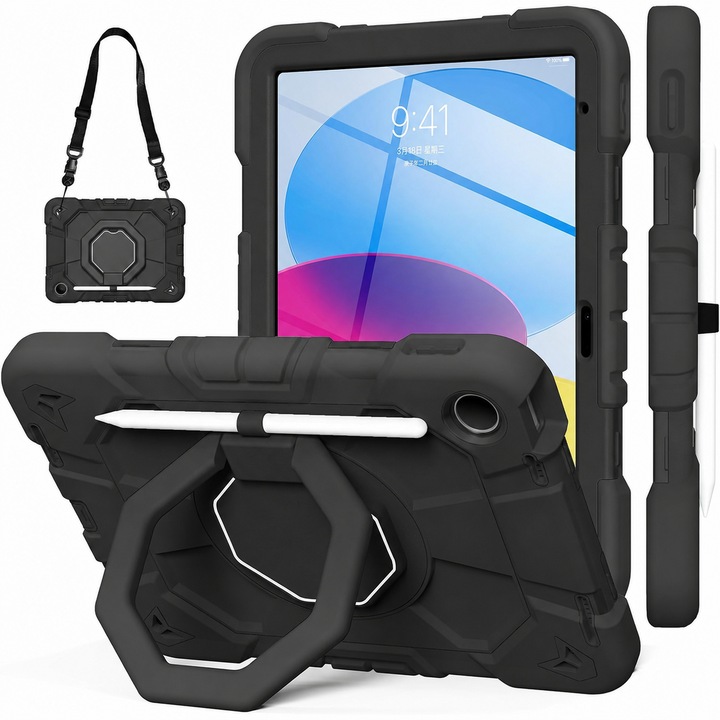 Husa protectie copii pentru Samsung Galaxy Tab A11 8.7" 2025 / A9 8.7" 2023, anti-soc, silicon + PC, suport rotativ 360°, curea umar, suport stylus, Negru
