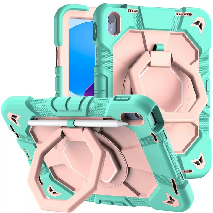 Husa protectie copii pentru iPad 10 2022 / iPad 11 A16 2025, anti-soc, silicon + PC, suport rotativ 360°, curea umar, suport stylus, Verde menta/Roz