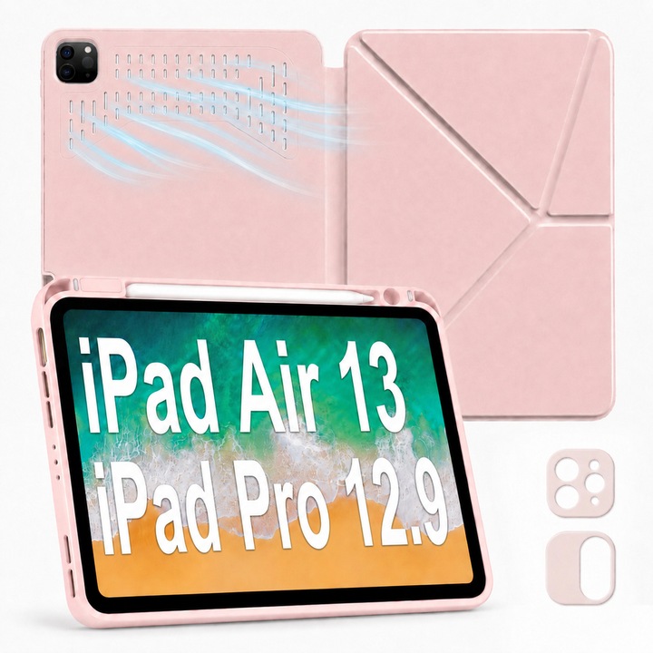 Husa Smart Cover pentru iPad Air 13" (M3 2025/M2 2024), iPad Pro 12.9" (Gen 3-6, 2018-2022), cu Spate Ventilat, 2 Rame Interschimbabile pentru Camera, Stand Pliabil tip Y (Origami), Slot Pen pe Dreapta, Auto Sleep/Wake, Roz