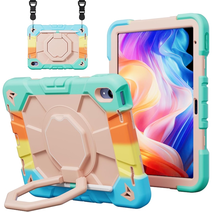 Husa protectie copii pentru iPad 10 2022 / iPad 11 A16 2025, anti-soc, silicon + PC, suport rotativ 360°, curea umar, suport stylus, Multicolor