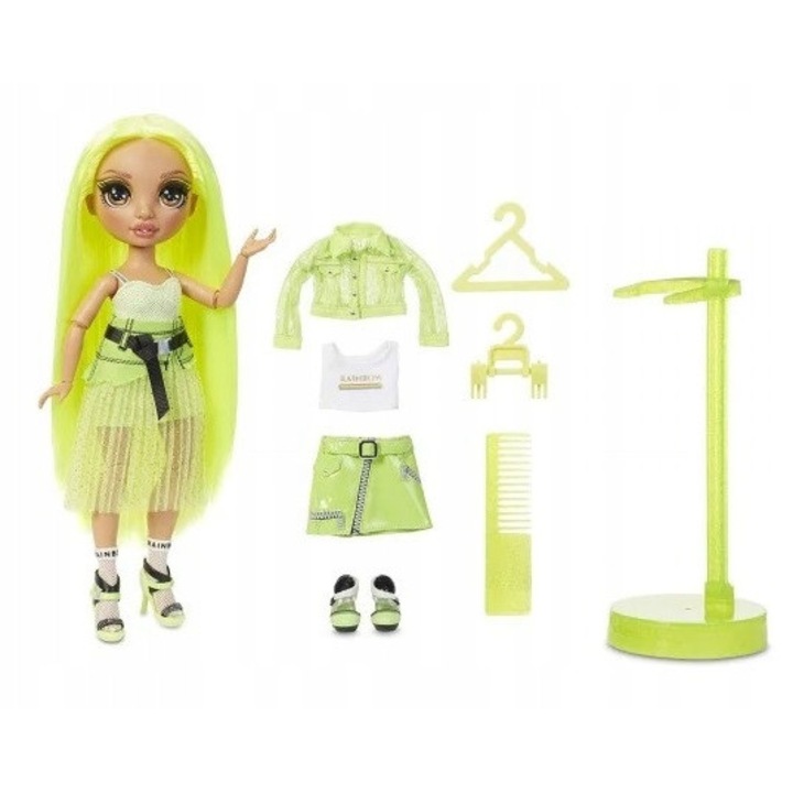 Papusa Rainbow High Karma Nichols, cu par lung periat, articulatii mobile, set tinuta si accesorii, galben-verzui neon, model TJFDQF4VM3A3