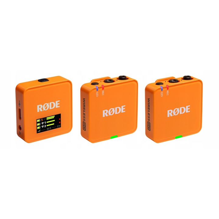 Rode Wireless GO III NNKPBM5IEI vezeték nélküli mikrofon, kétcsatornás rendszer 2 adóval + vevővel, Series IV 2,4 GHz digitális átvitel, 32-bites float felvétel 32GB memóriával, TRS/TRRS, 260 m hatótáv, USB-C, narancssárga