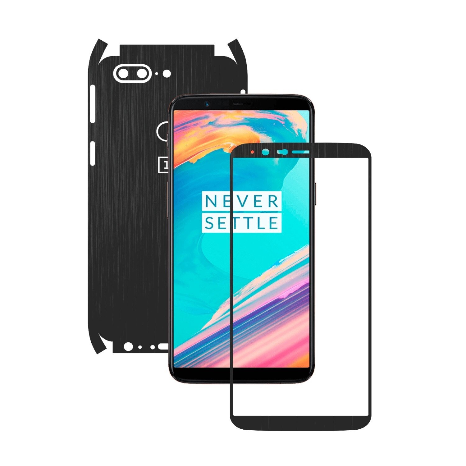 1 + 1 GRATUIT - OnePlus 5T - Brushed Negru - Folie de protectie Carbon Skinz, Husa Full Body Cover de tip Skin Adeziv pentru Rama Ecran,Carcasa Spate si Laterale